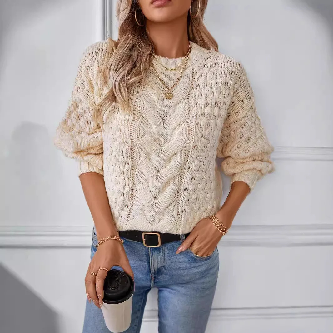 Autumn Winter Womens Knitted Top Womens Hollow Pulled Sweater Womens Retro O-neck Knitted Womens Clothing 250210