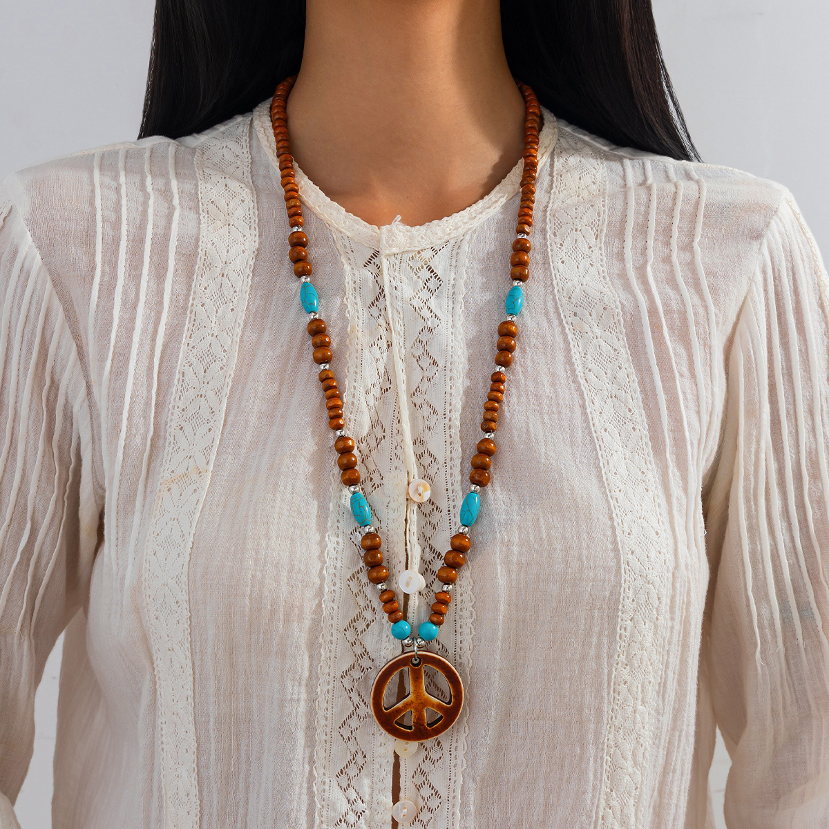 Woman fashion Jewelry Bohemian style imitation turquoise wood bead long round pendant designer necklace