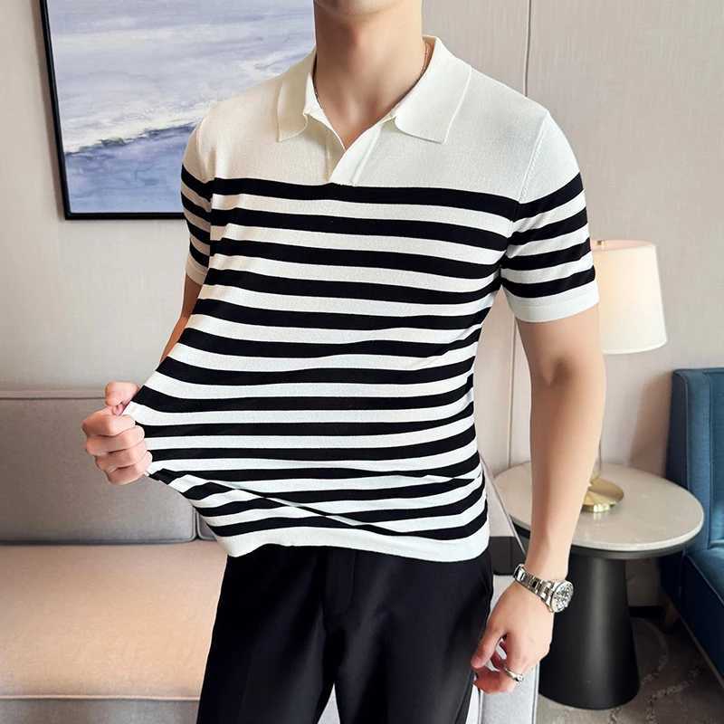 High elasticity Men Knitted Polo Shirt 2024 New Light Thin Casual lapel Short Sleeved Stripe T-shirt High-quality Men Clothing X250213