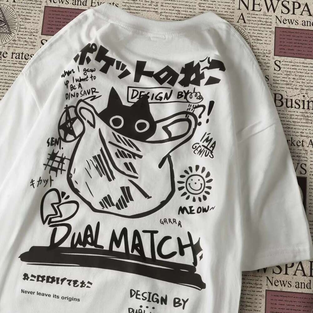 Men's Women's Cartoon 2024 Haruku Kawaii Cat Print Short Sleeve Plus Size T-Shirt Couple Street Loose Clothes Y2k Top