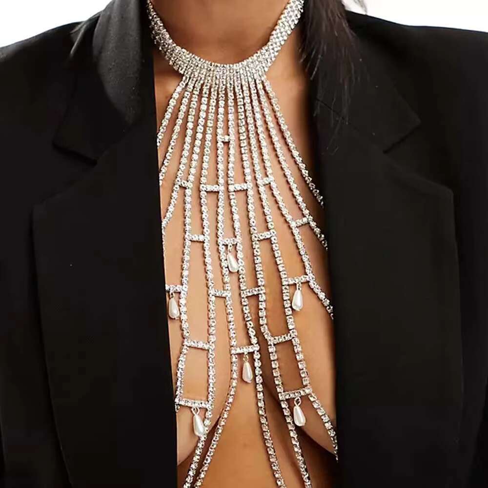 Stonefans Neck Pearl Mesh Novelty Chest Chain For Women Bikini Jewelry Design Rhie Club Sexy Gerie Nightwear Costume