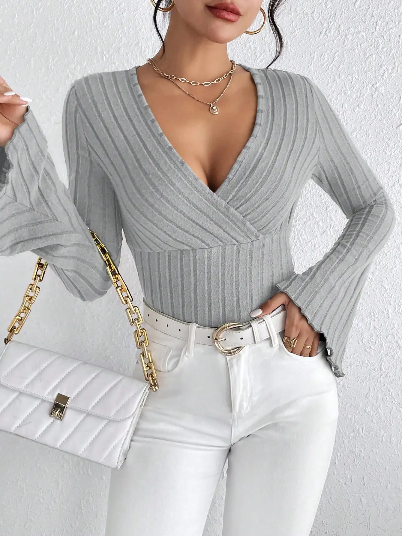 autumnWinter Vneck solid color sexy fashion n sense slim long sleeve knitted womens Tshirt 250211