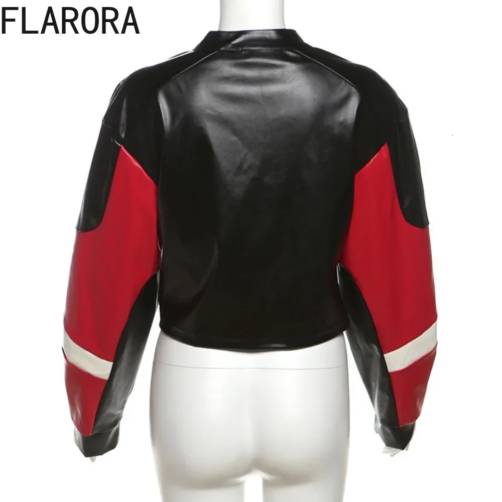 FLARORA Black Pu Leather Patchwork Jackets Woman Long Sleeve Zipper Crop Coats Fashion Y2k Streetwear Motorcycle Jacket 250208