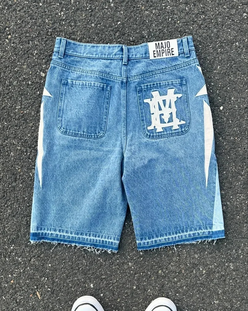American fashion trend Street style wide-leg Jeans for men Y2k embroidered baggy jeans Goth punk High street casual shorts 250210