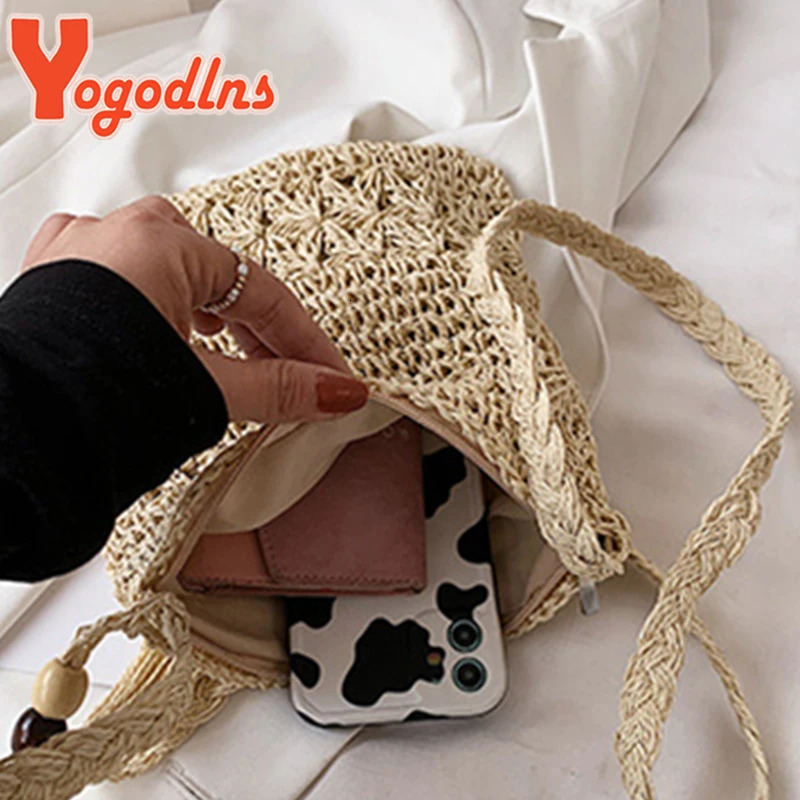 Yogodlns Bohemian Straw Bag Women Casual Travel Beach Bags Fashion Handmade Shoulder Bag Kintted Crossbody Bag Tassel Handbag 250207