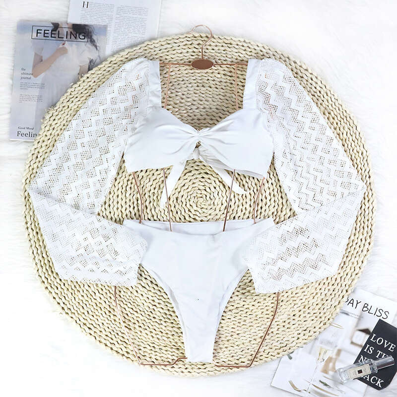 Two-Piece Swimwear Swimsuit Women Sexy Hollow Long Sleeves High Waist Bowknot Backless White Bikinis Set Bathing Suit Push Up
