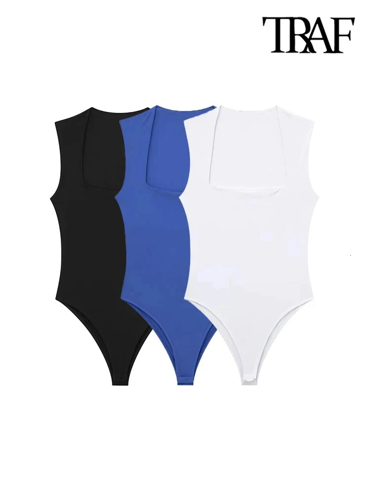 TRAFSkinny Bodysuits for Women Sexy Fashion Square Neck Sleeveless SnapButton Female Playsuits Mujer 250211