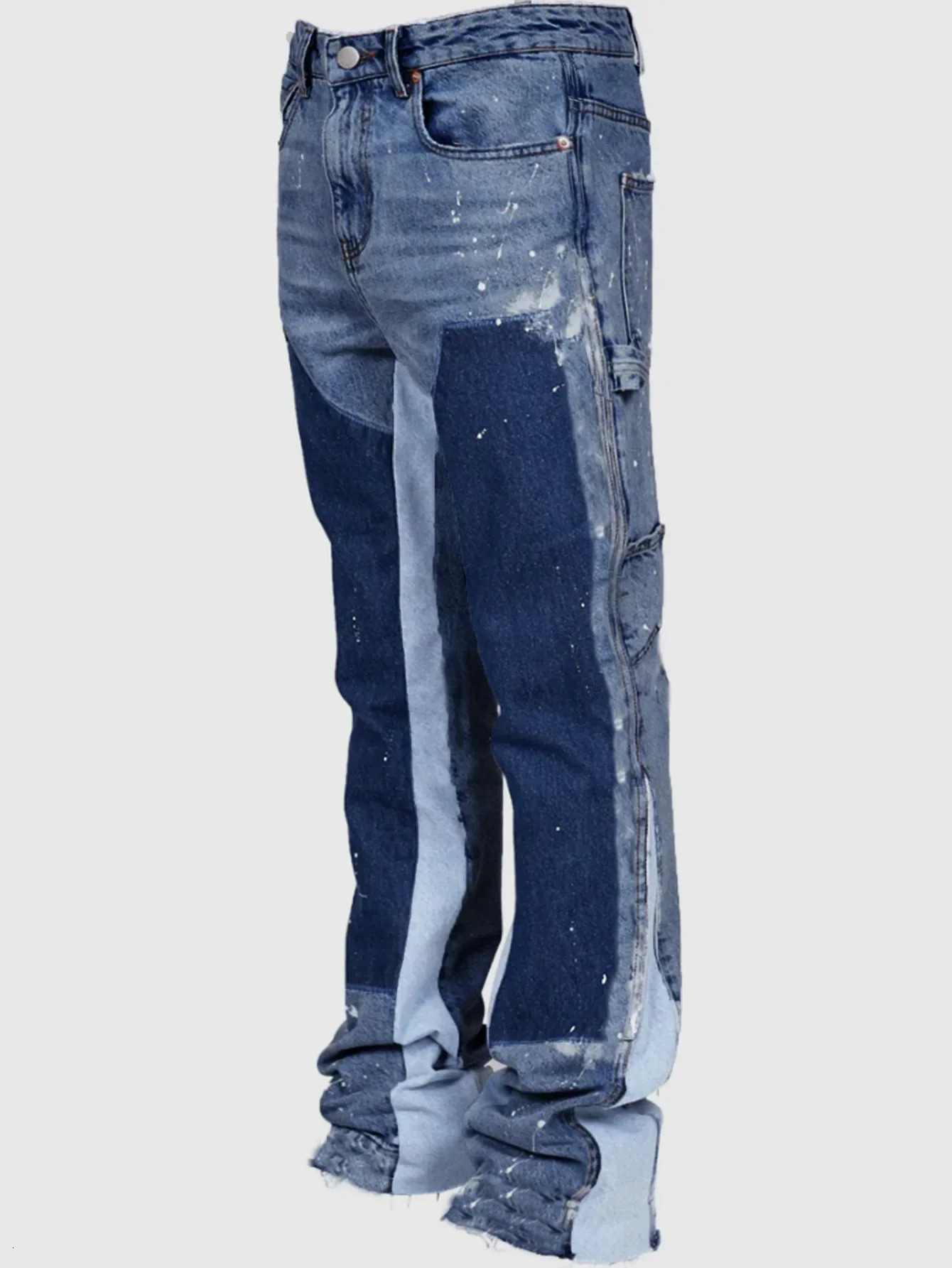 Mens Fashion Jeans Work Pants European and American Fashion Workwear Elastic Patchwork Denim Layered Flared Pants S-XXL 250210
