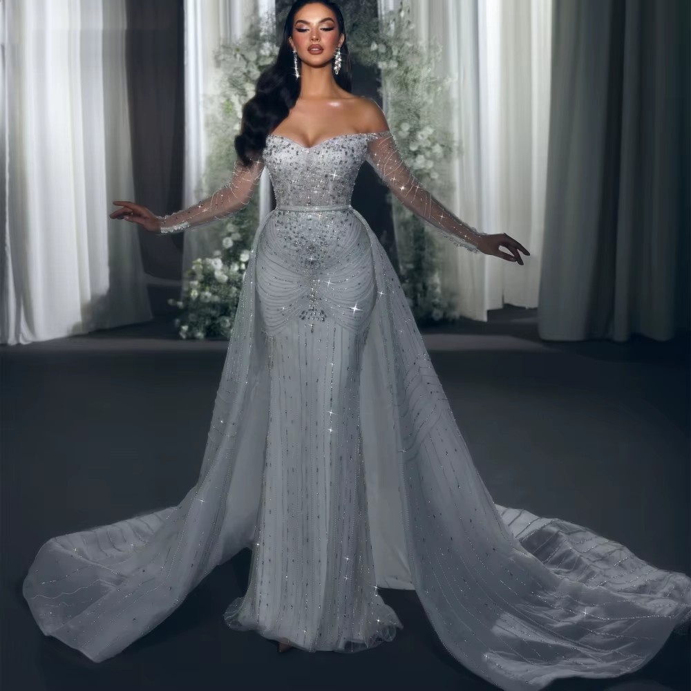Gorgeous Mermaid Wedding Dress Off Shoulder Long Sleeves Bridal Gowns Sequins Crystal Detachable Train Dresses Custom Made vestidos de novia