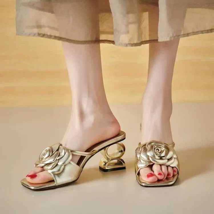 Women Shoes 2024 New Summer Fashion Flowers Black Beige Gold Dress Party Wedding Female Sandals Big Size Y250213