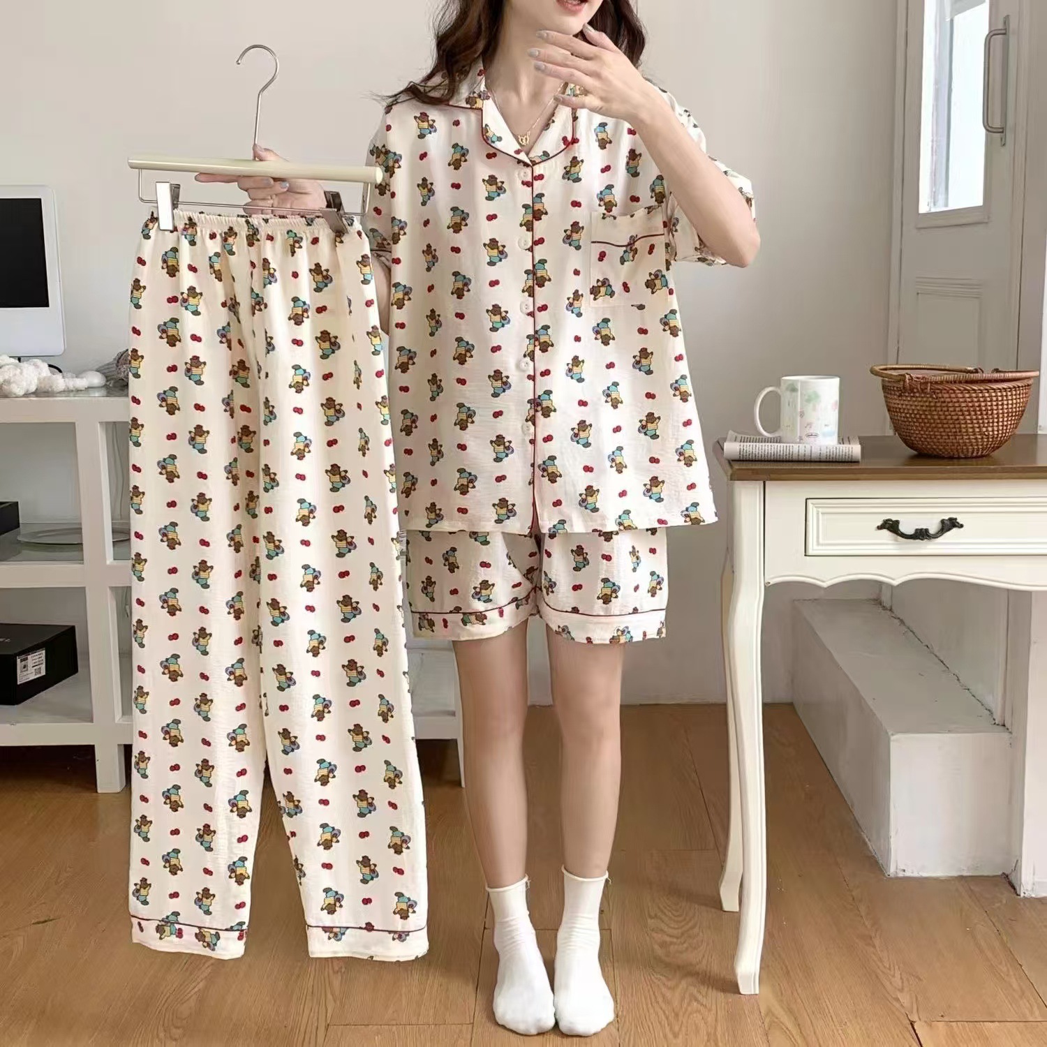 Y18-European and American style large size home clothes plus size plus size love round neck short sleeve long pants women's pajamas set