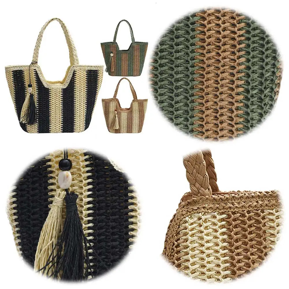 Striped Straw Beach Bag Large Vacation Bag Woven Holiday Travel Handbag with Tassel for Women Work Travel Vacation 250207