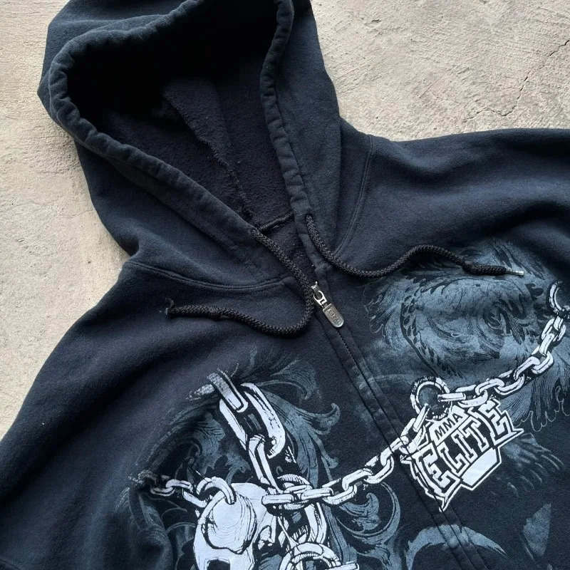 Y2K American Fashion Oversized Skull Print Hooded Sweater Women Harajuku Vintage Hip Hop Casual Joker Sweatshirt Top 250213