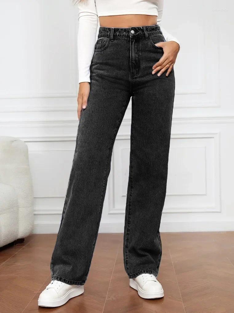 CNLONGBIDA Women's Jeans Denim Women Straight Pants Washing High Waist Loose Pockets Basics Ankle Length Y2k Blue Streetwear Slight Strech