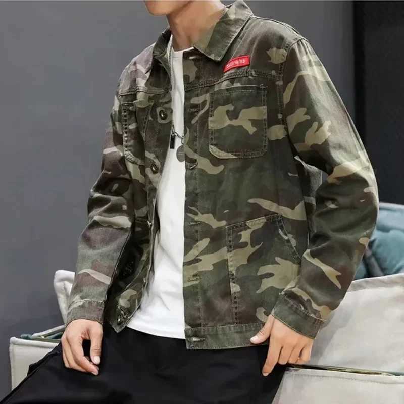 Mens Green Camouflage Denim Jackets New Casual Comfortable Multi-pocket Jean Coats Male Thin Pilot Combat Cargo Outwear X250213