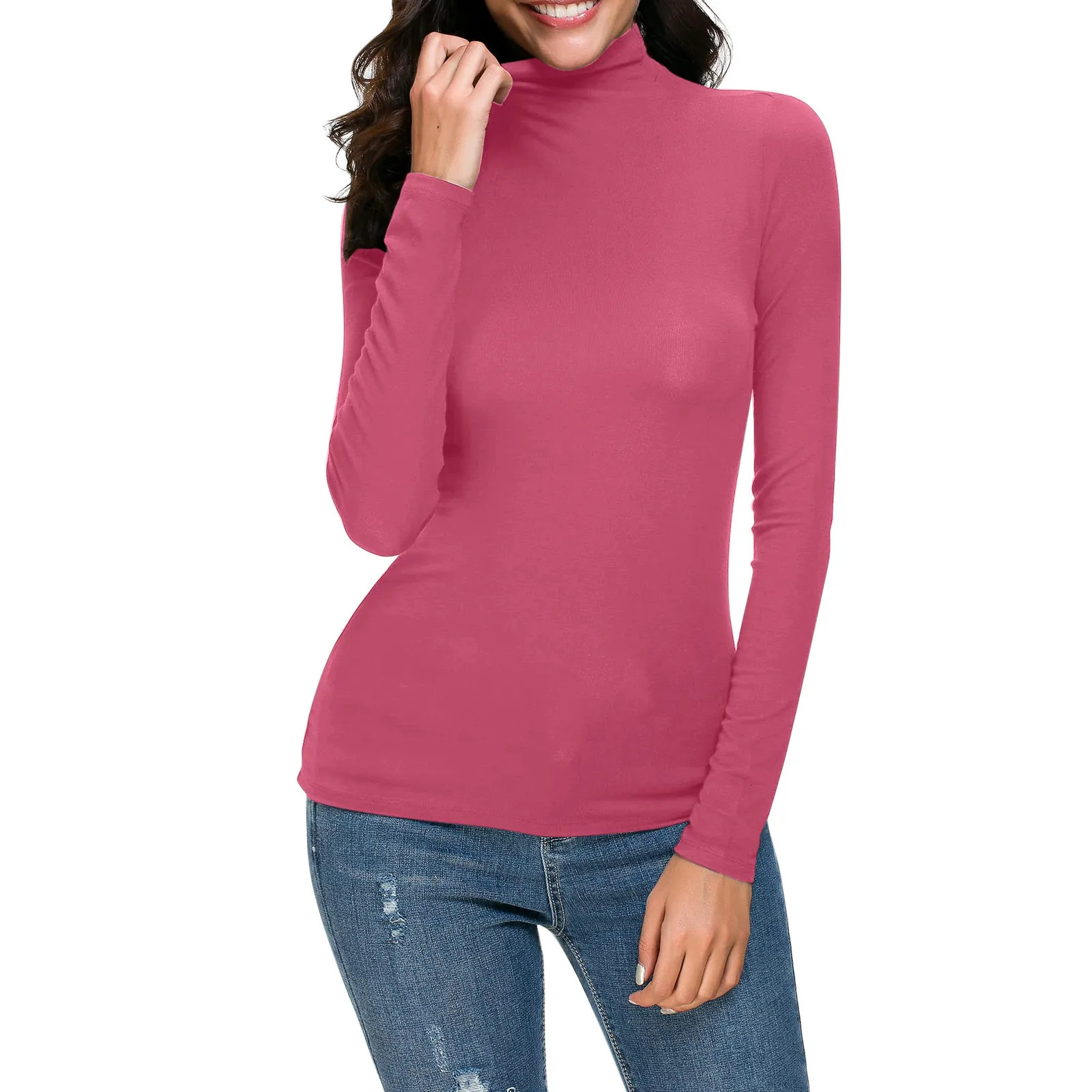 Women Long Sleeve T Shirts Spring Solid Turtleneck Slim Loose Tops Fit Casual Pullover Basic Tee Y2k Crop 250211