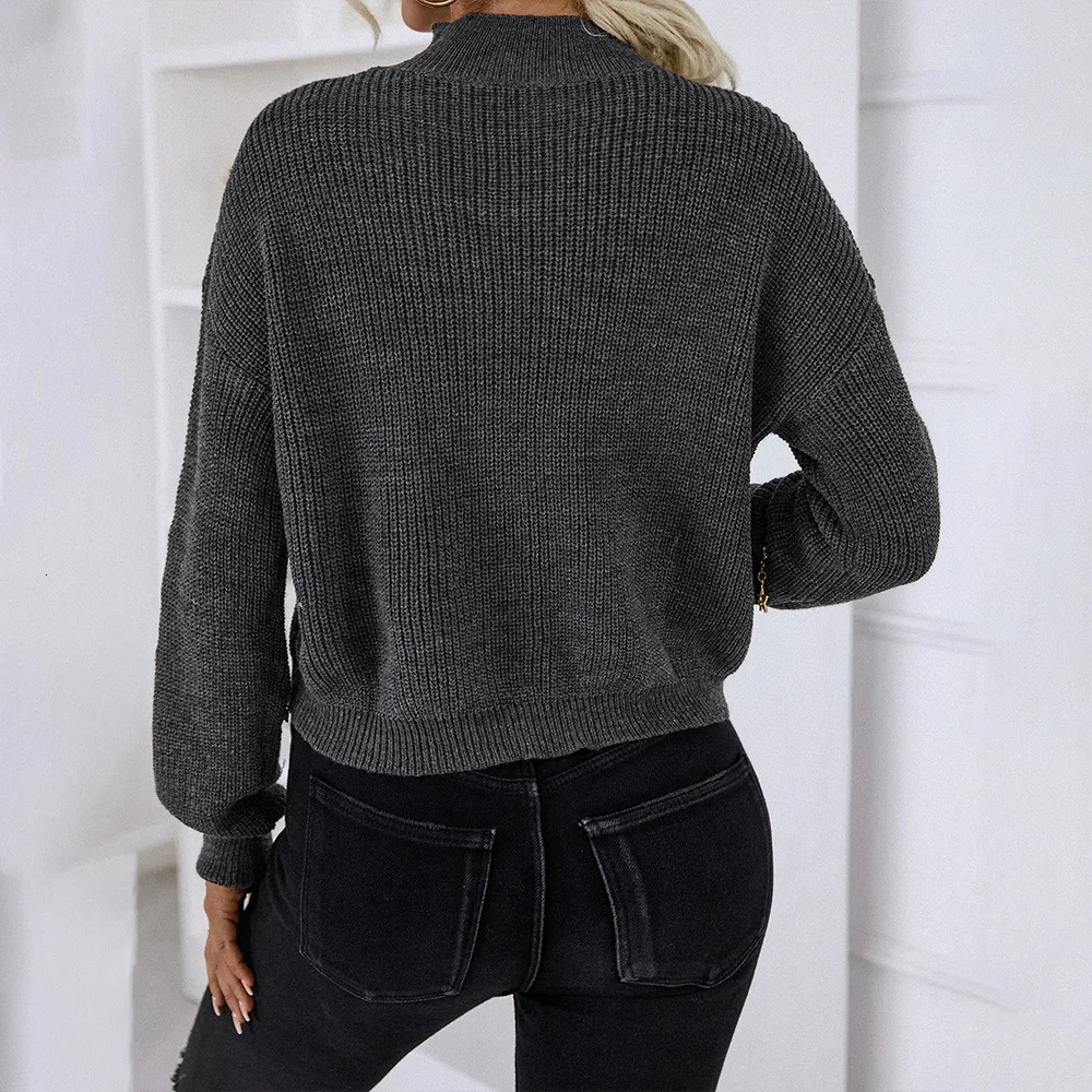 Spring Autumn Womens Knitted Tops Female Loose Casual Sweater Ladys Turtleneck Hollow Out Zipper Pullovers Womens Tops 250210