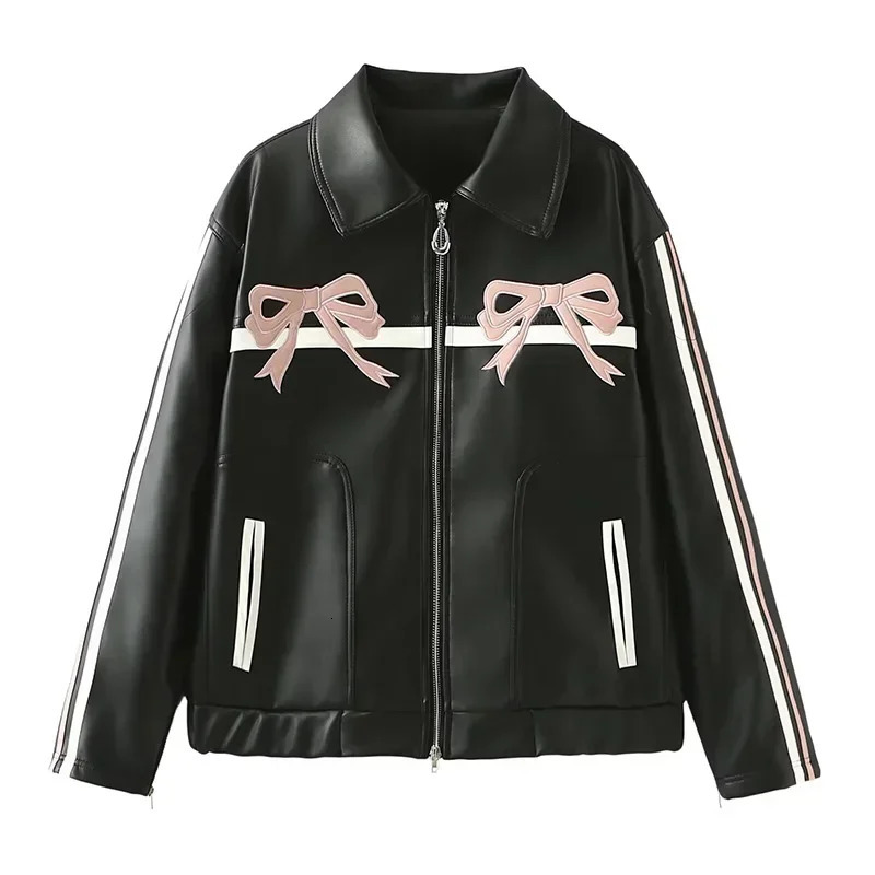 Womens Winter Jacket Women Vintage Faux Leather Coat Fashion Pu Lapel Collar Bow Zipper Overcoat Female Casual Tops Clothing 250206
