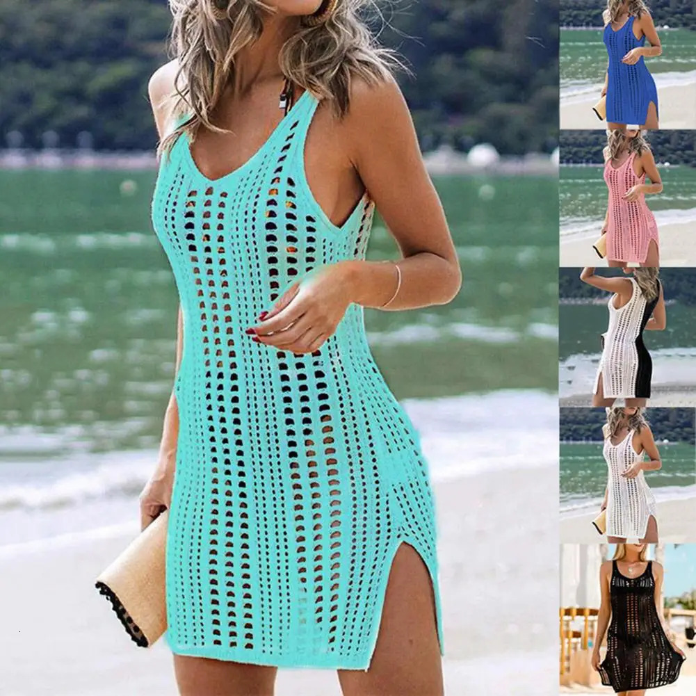 Bikini Cover Up Hollow Out V Neck Summer Sleeveless Slit Beach Dress Beachwear 250213