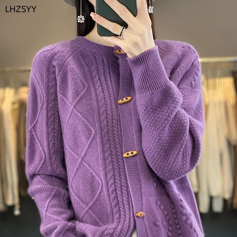 LHZSYY Fall/Winter 100%Pure Wool Cardigan Womens O-Neck Jacquard Coat Casual Large Size Sweater Warm Knit Top Female Jacket 250206