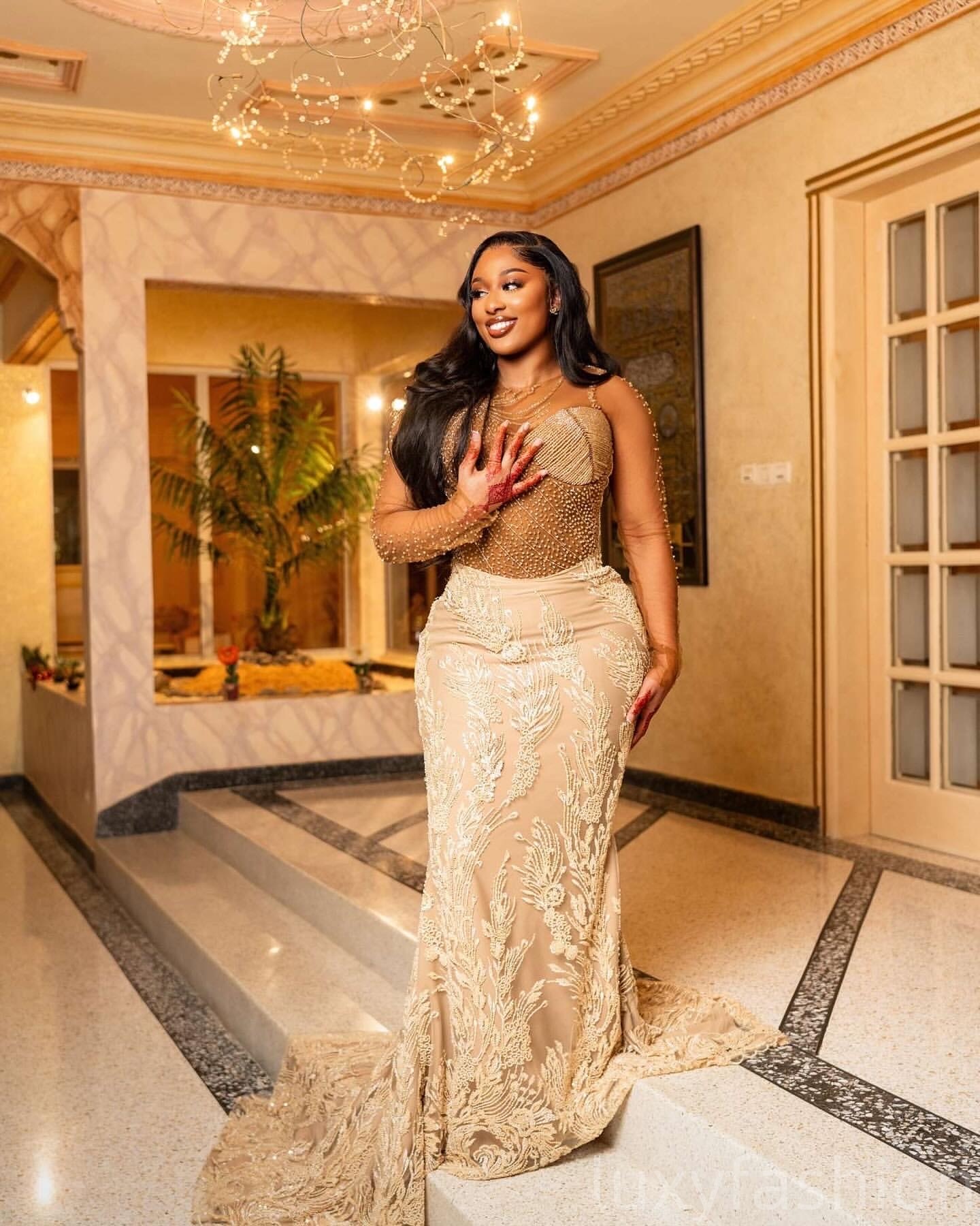 Aso Ebi 2025 Gold Illusion Mermaid Prom Dresses Beaded Lace Full Sleeves Vintage Evening Formal Party Second Reception Birthday Gowns Dress For Specia