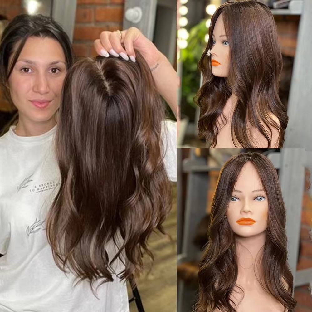 Dark Brown Wavy Hair Silk Base Human Hair Topper Real Scalp Women Toupee Thin Hair Help Hairpiece with Clips