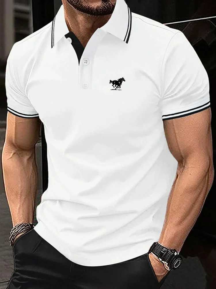 Mens Horse Print Striped Trim Polo Shirt Business Short Sleeve Shirt EUROPEAN Measurement X250213