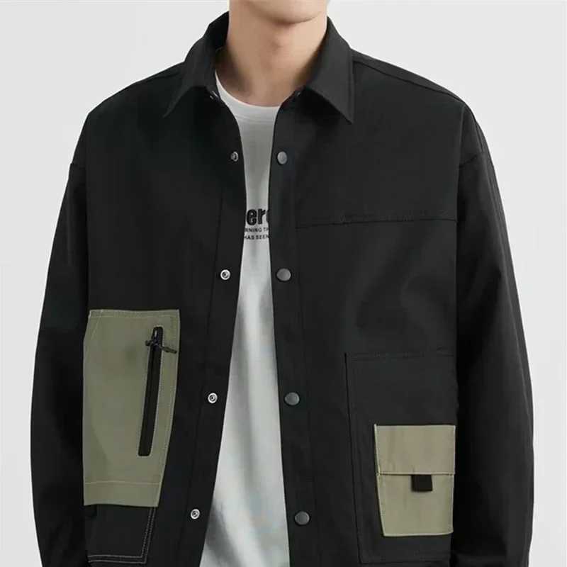 Mens Colorblock Pockets Button Bomber Jackets Autumn American Retro Baseball Uniform Black Loose Tops Male Lapel Frock Coat X250213