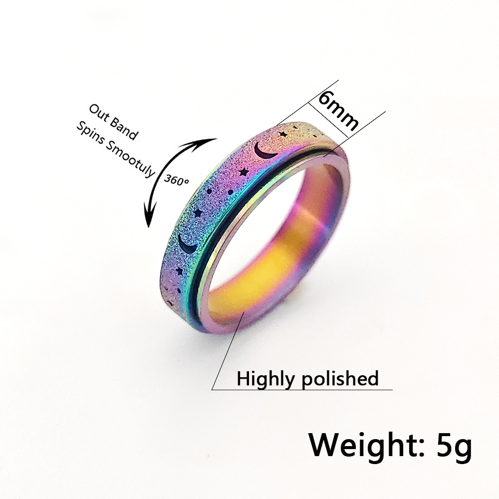 Frosted hollow stars and moon stainless steel rotatable stress relieving ring titanium steel finger ring female hand jewelry love ring gold ring desig