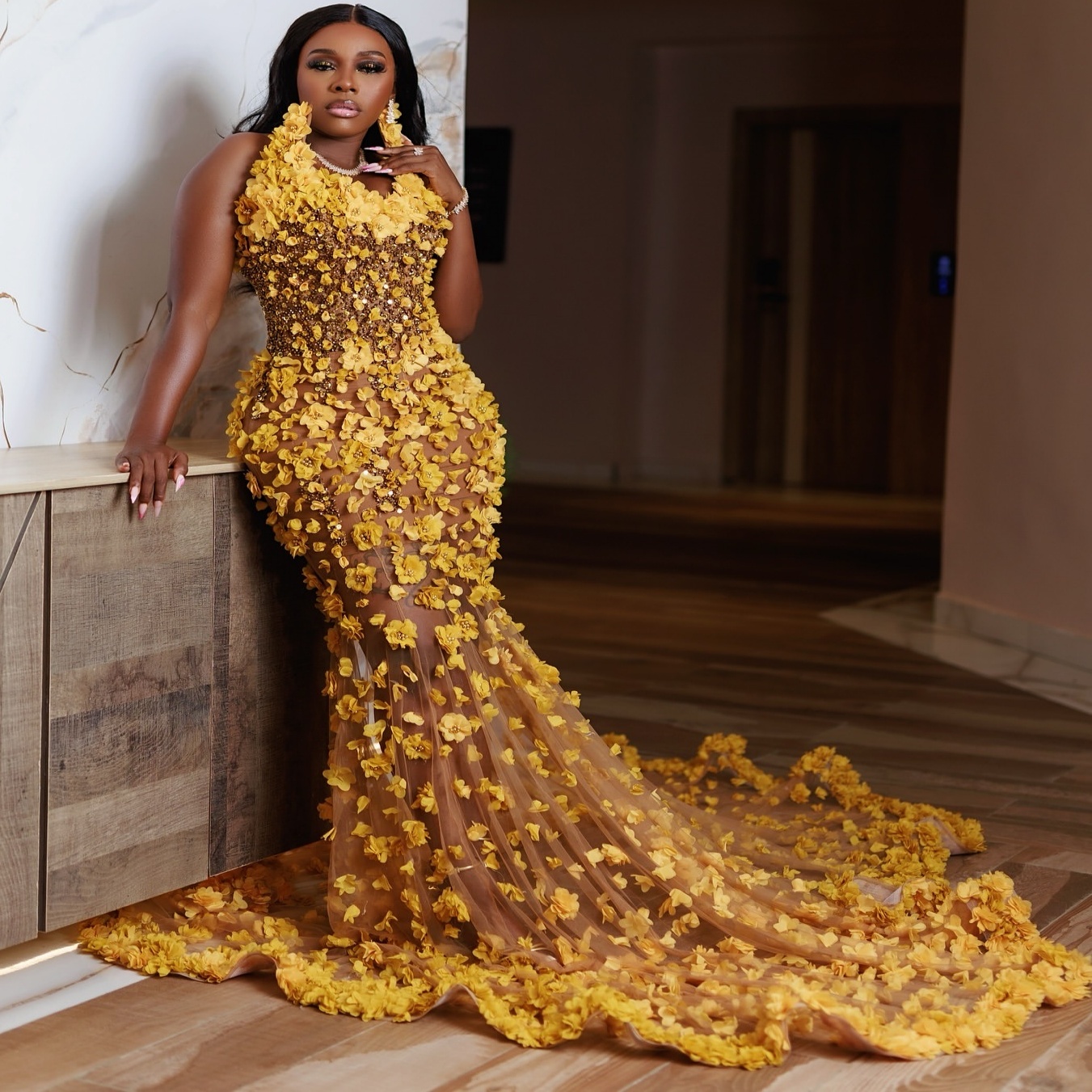 Aso Ebi 2025 Yellow Illusion Mermaid Prom Dresses Flowers Beaded Luxurious Evening Formal Party Second Reception Birthday Gowns Dress For Special Occa