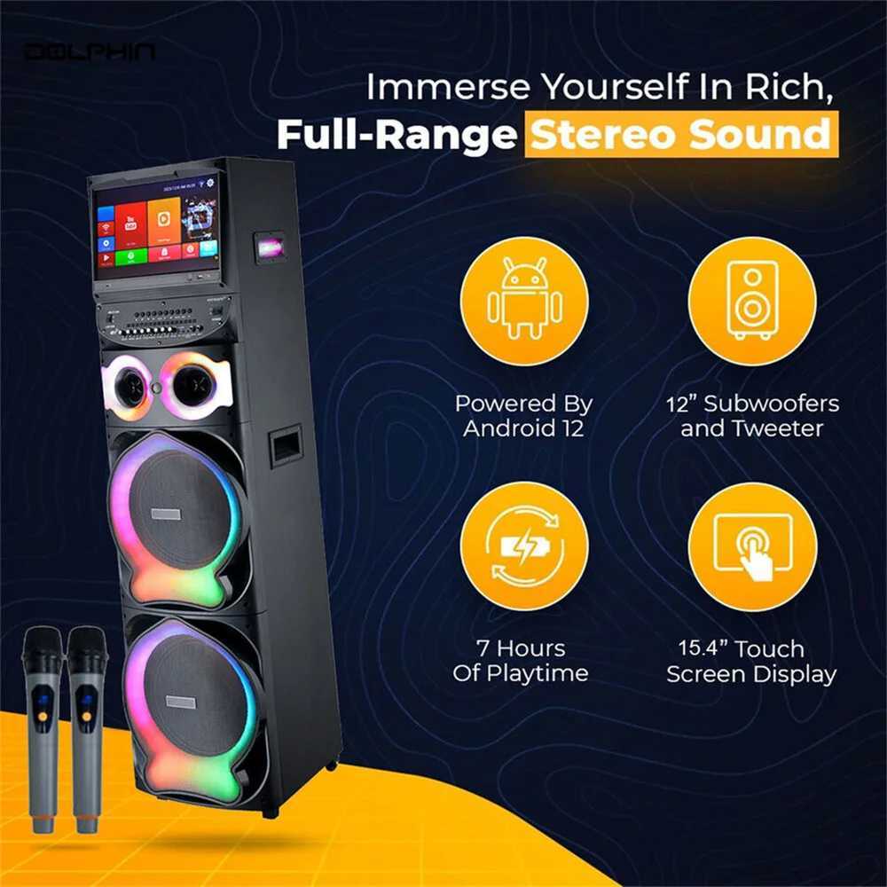 200W Dual 12 Karaoke Party Speaker w/ 2 Mics 15 Android Touchscreen Portable Loud High Quality Speaker Z250213