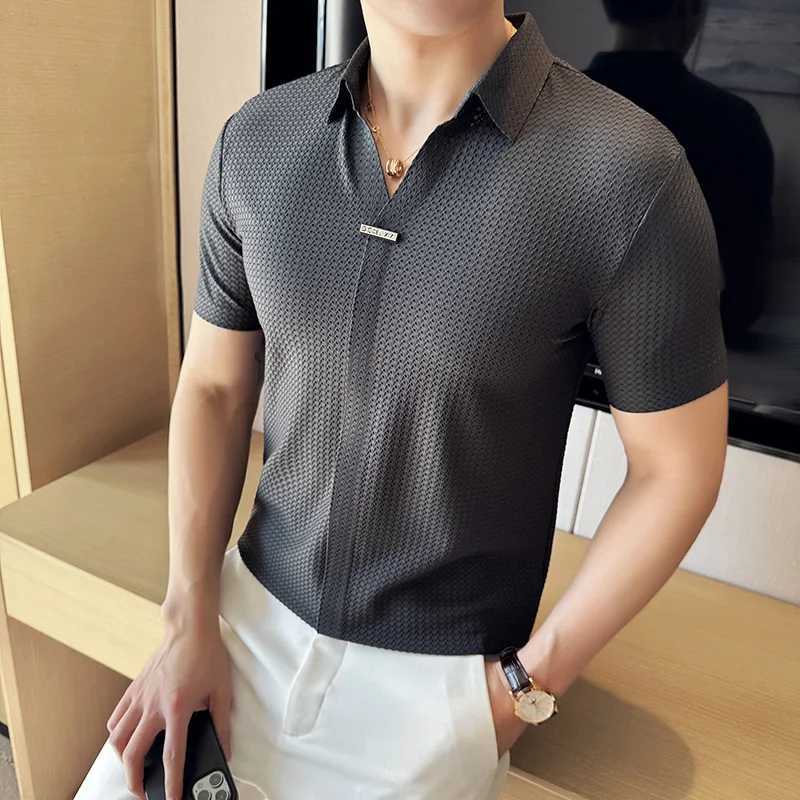 High-Grade Ice Silk Seamless Adhesive Polo Shirt High-Elastic V-neck Thin Waffle Short-Sleeved Shirt T-shirt X250213