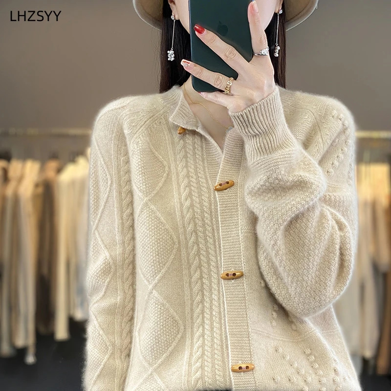 LHZSYY Fall/Winter 100%Pure Wool Cardigan Womens O-Neck Jacquard Coat Casual Large Size Sweater Warm Knit Top Female Jacket 250206