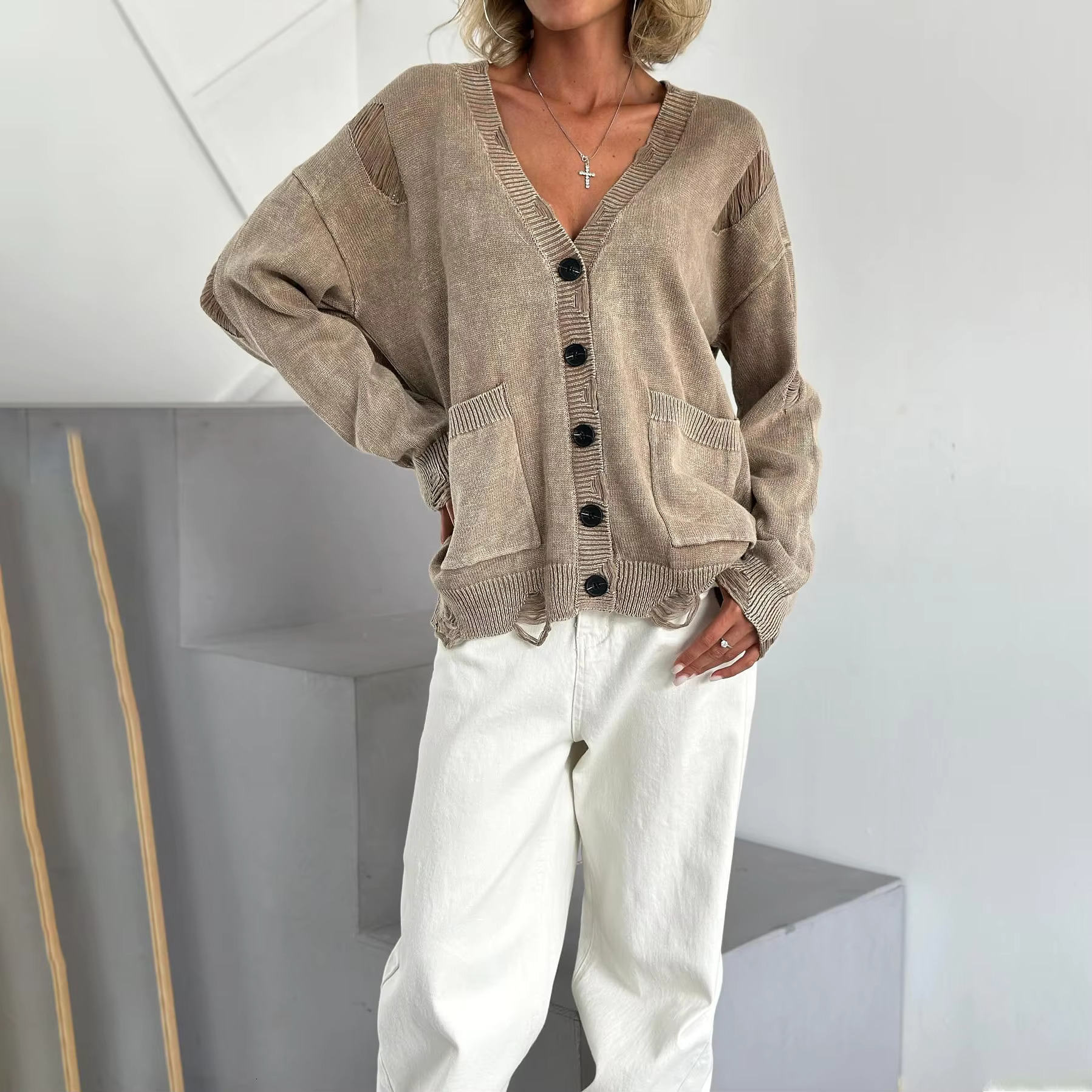 2025 New Hole Retro Vintage Button Knitted Cardigan Women Oversized Soft Tops Autumn Female Fashion Loose Fit Causal Sweater