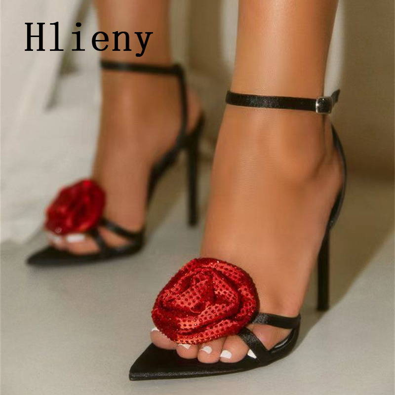 Hlieny 2025 Fashion Wer Buckle Strap Sandals Thin High Heels Women's Sexy Pointed Toe Crystal Party Dress Female Shoe
