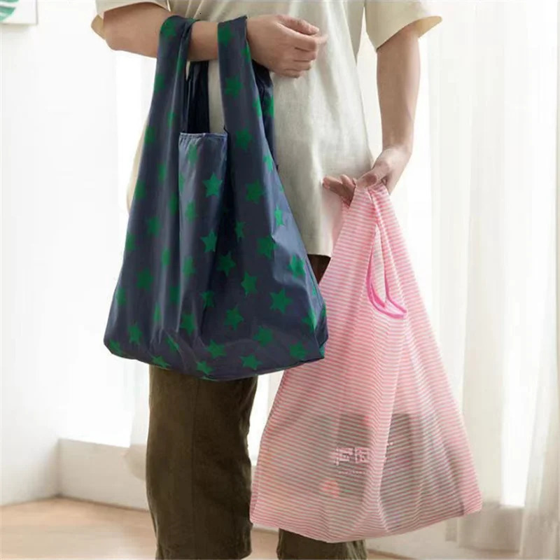Portable Reusable Shopping Bag Sweet Striped Dots Largecapacity Grocery Tote Pouch Eco Bags Folding Storage Convenient Handbags 250121
