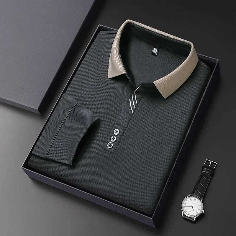 2025 Waffle Mens Long Sleeve T-shirt Spring Lapel Business Casual Polo Shirt Elastic Base Shirt Top New Men Clothes X250213