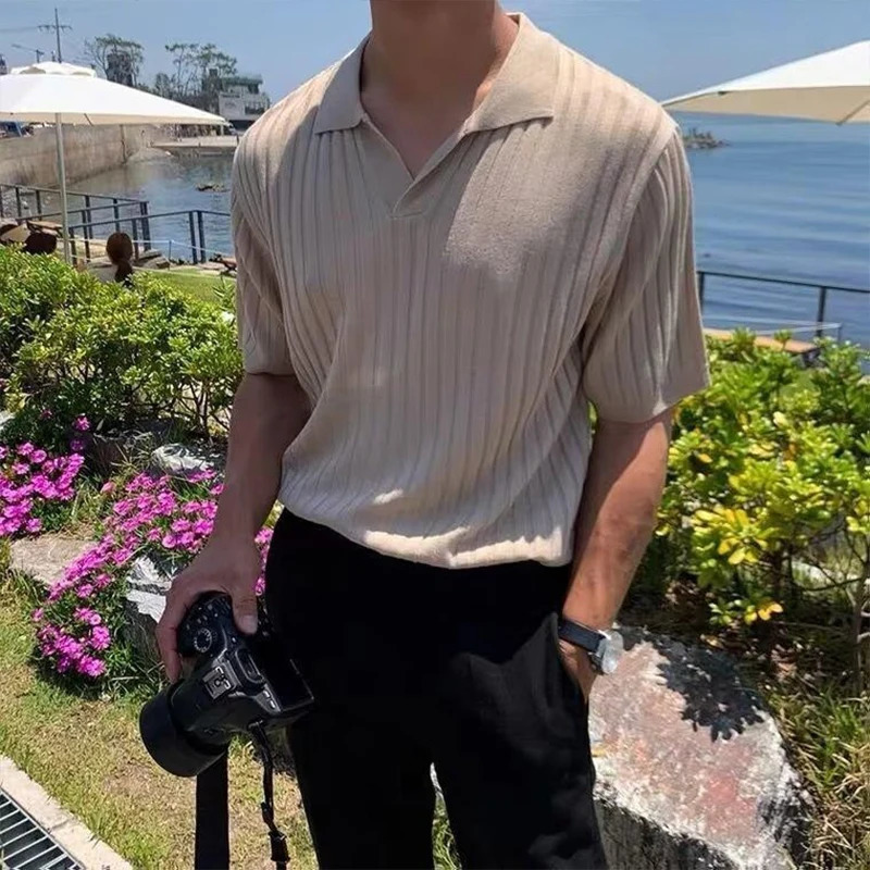 Summer Clothing Mens Light Knitted Solid Color Polo Shirt Fashion Striped V-Neck Short Sleeve Leisure Fashion Knitwear 250208