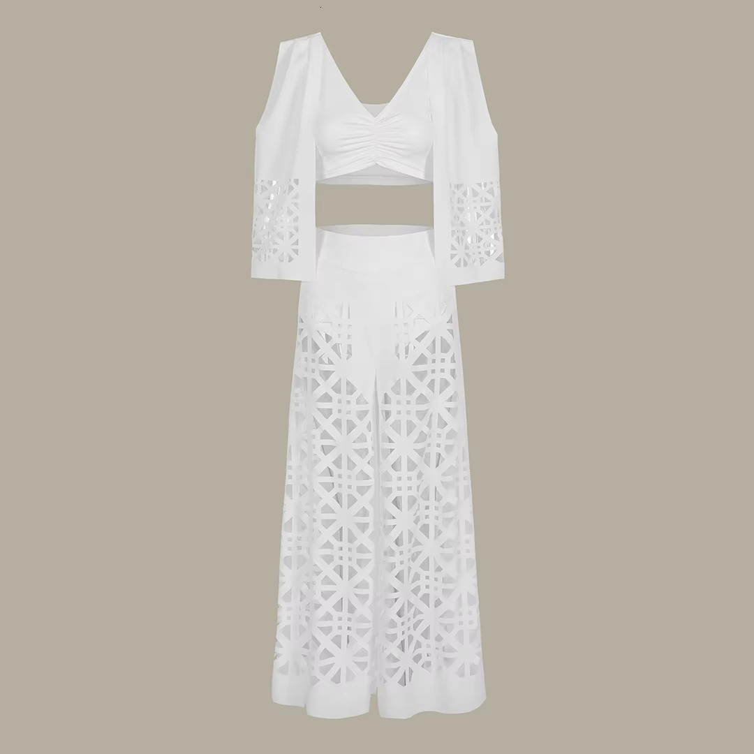Two Piece Set Wides Legs Elegant Solid Women Deep V Hollow Out Sexy Short Top Wide Leg Pants Suit Office Lady Clothing