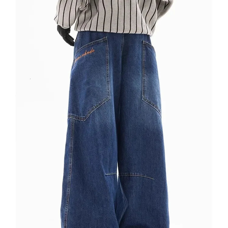American Style Vintage Large Pocket Curved Jean Womens Spring Autumn Spicy Girl High Street Sensibility Loose Fit Wide L 250210