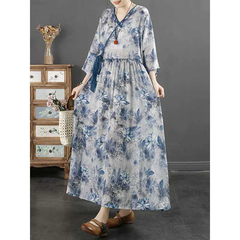 X0219 Spring and summer literary style loose plus size women's print V-neck three-quarter sleeves medium length waist slimming dress