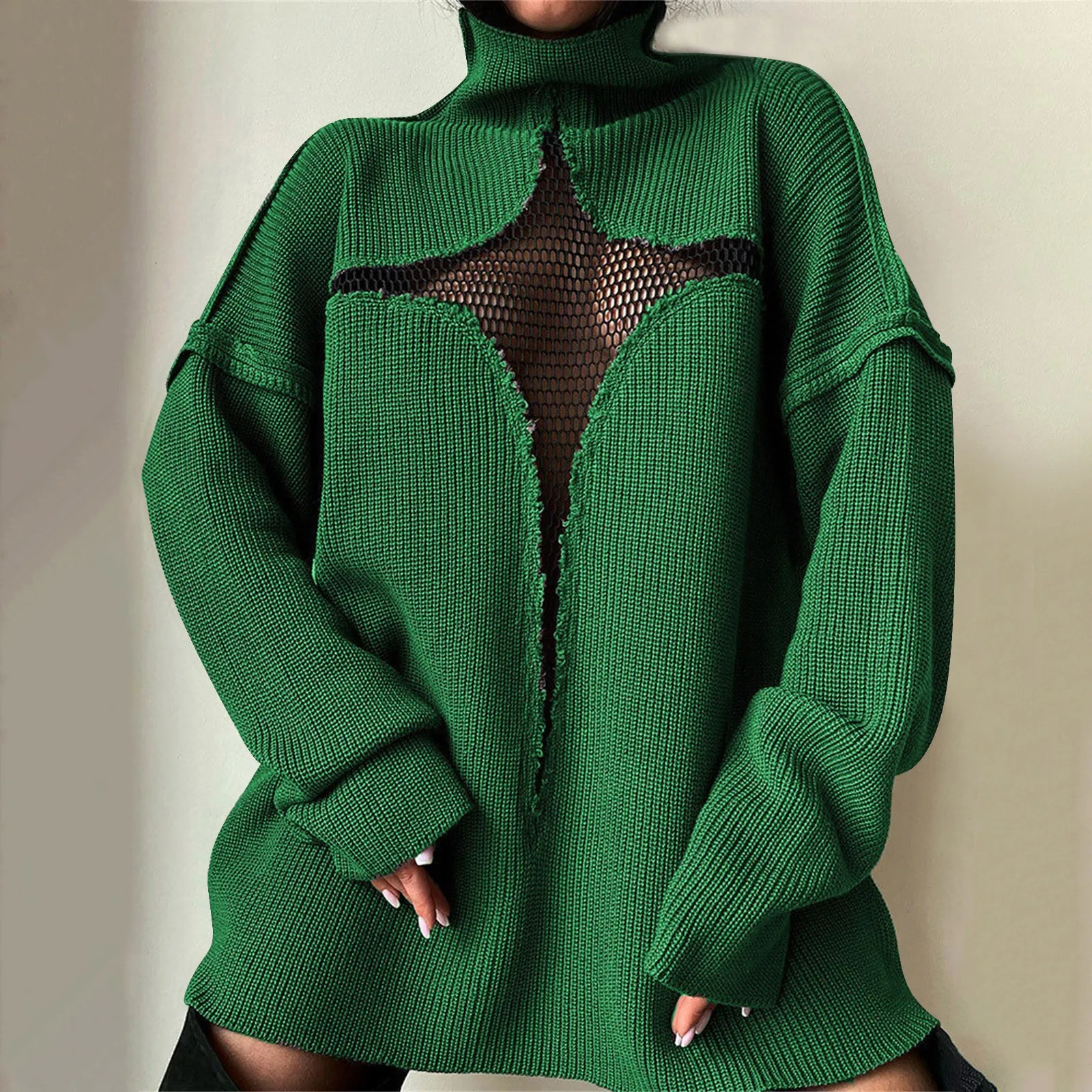 Womens Sexy Mesh Loose Knitted Hollow Pullover High Neck Sweater Autumn And Winter Jumper Knitwear Turtleneck Streetwear 250210