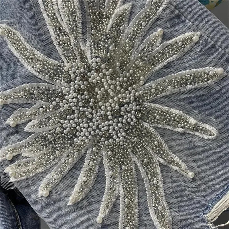 Summer Nail bead 3D three-dimensional flower Denim Shorts Women European High Waist Washed Pants Stretchy Jeans pants 250210