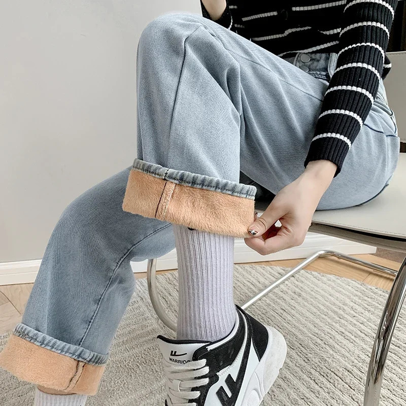 Winter Warm Fleece Wide Leg Jean Vintage Baggy High Waist Denim Pants Loose Straight Mom Pantalones De Mujer 250121