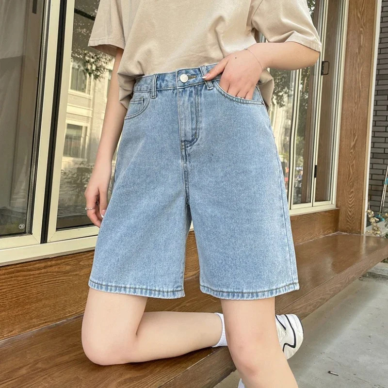 Summer High Waisted Shorts Women Casual Jeans Shorts Female Loose Fashion Korean Womens Straight Leg Short Pants Knee Length 250210