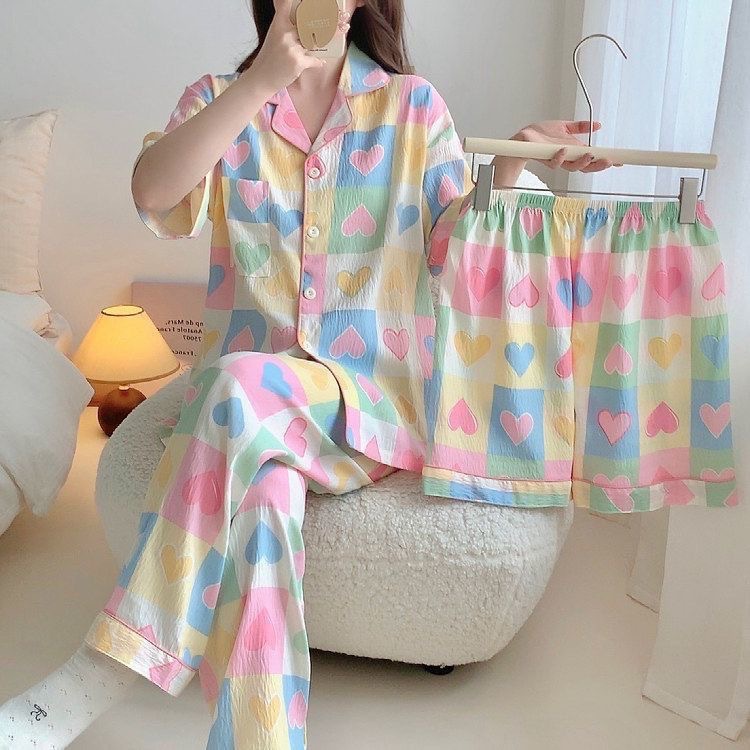 B685-Cloud cotton pajamas three-piece suit for women summer short-sleeved trousers shorts spring and autumn home clothes suit