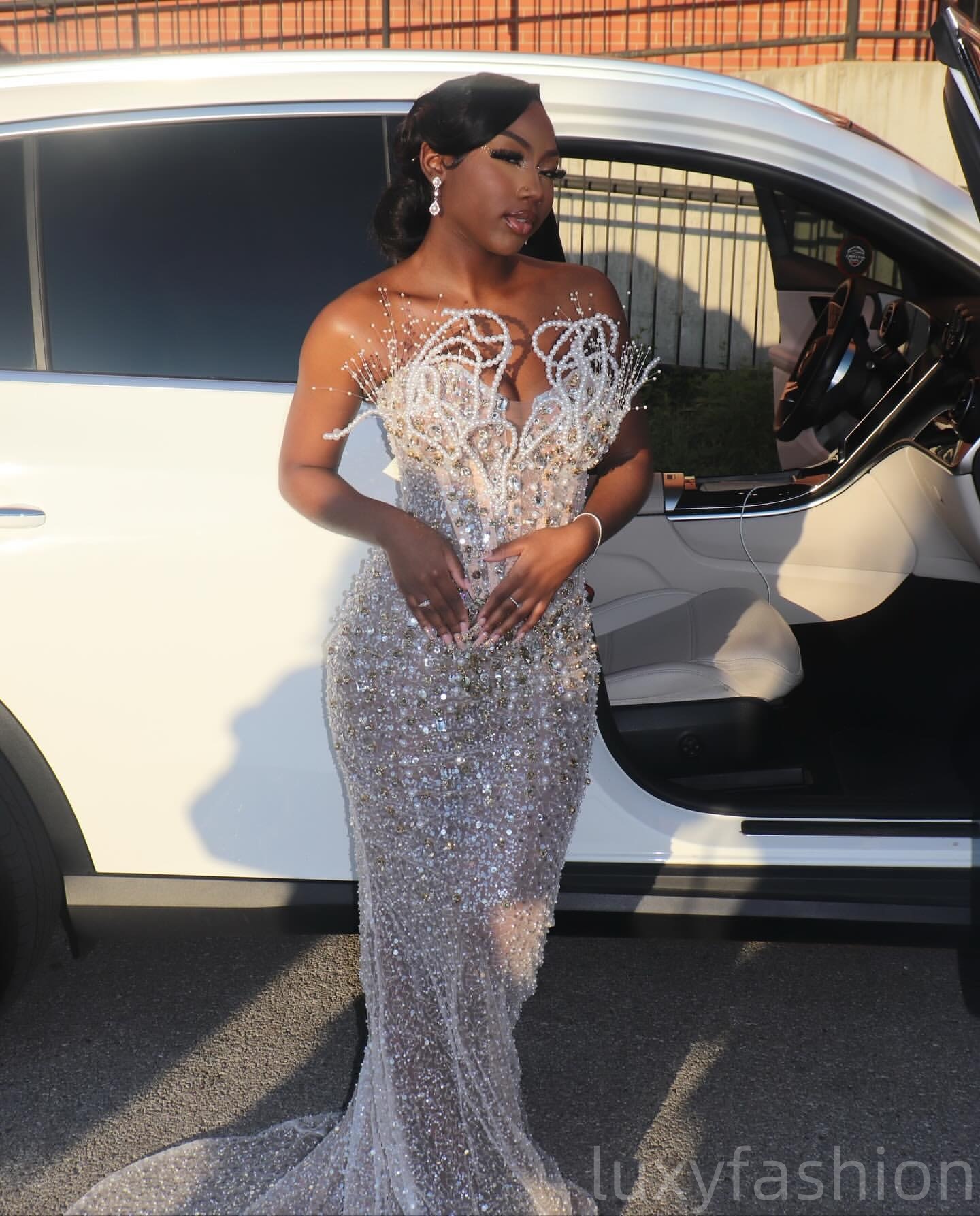 Aso Ebi 2025 Ivory Illusion Mermaid Prom Dresses Crystals Pearls Sequined Evening Formal Party Second Reception Birthday Gowns Dress For Special Occas