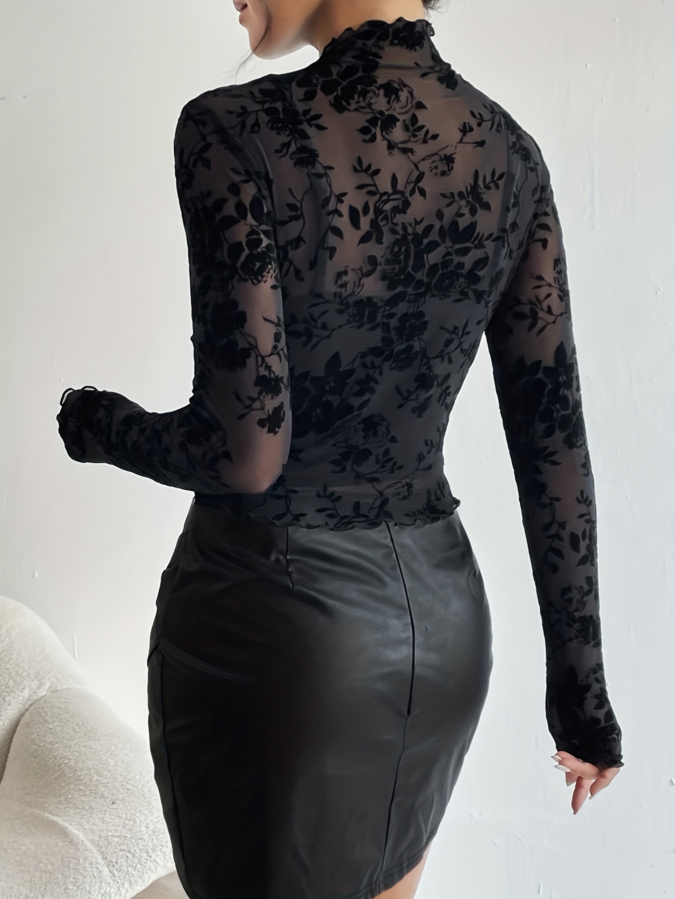 X0223 New Sexy Single-layer Braless Stand-up Collar Mesh Bottom Blouse Tops Women Women's T-shirt