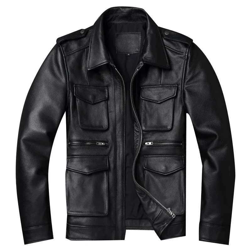 Mens Classic Pure Cowhide Multi-pocket Winter Motorcycle Style Plus Size Leather Jacket X250213