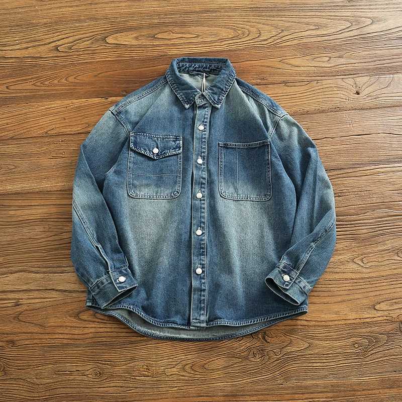 4XL Heavyweight Thickened Workwear Denim Shirt for Men American Vintage American Retro Distressed Washed Loose Shirt Jacket Coats X250213